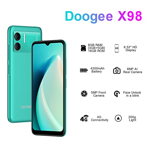 DOOGEE X98 SIM-Free & Unlocked Mobile Phones, Android 12 Smartphone, 16GB, 1TB Extension, 6.52 inch HD+ Screen, 4200mAh Battery, 8MP AI Camera, 4G Dual SIM Cheap Phones, OTG/GPS, Face ID - Green