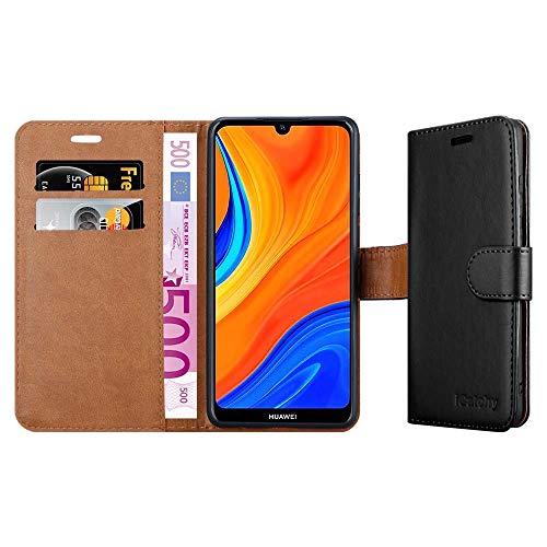 iCatchy For Huawei Y6s Case Leather Wallet Book Flip Folio Stand View Pouch Compatible with Huawei Y6s 2019 Phone Cover (Black)