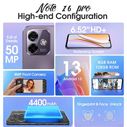 Ulefone Note 16 Pro Mobile Phones (2023), 16GB+128GB/256GB SD Android 13 50MP Camera Octa Core Smartphone SIM Free Unlocked 6.52” HD+ 4400mAh 4G Dual SIM Fingerprint Face ID GPS OTG, UK Version- Black
