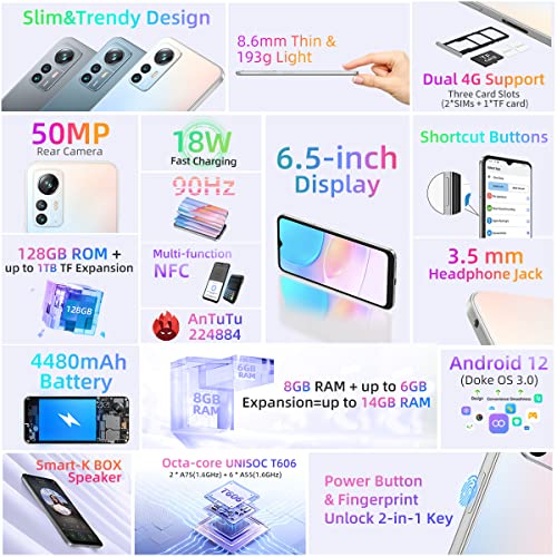 Blackview A85 Mobile Phone Unlocked, 50MP Camera, 8GB+128GB, 6.5" HD+ 90Hz Screen, 18W Fast Charge, Dual SIM Android 12 Smartphone, 3 Card Slot(2 SIM+1 TF Card), Box Speaker, Sky Mirror