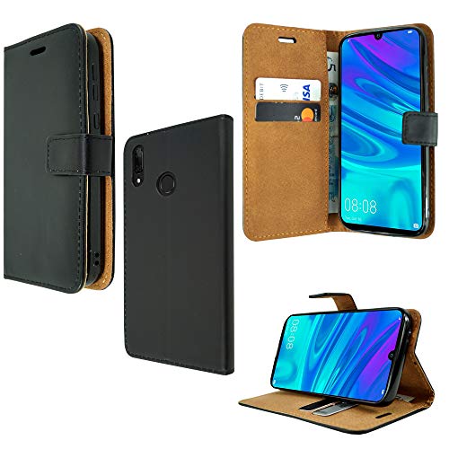 For Huawei P Smart 2019 POT-LX1 - Premium Black Leather Magnetic Book Wallet Protective Phone Case Cover With Veiwing Stand & Card Slots + Screen Protector