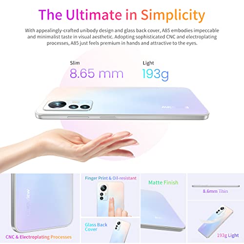 Blackview A85 Mobile Phone Unlocked, 50MP Camera, 8GB+128GB, 6.5" HD+ 90Hz Screen, 18W Fast Charge, Dual SIM Android 12 Smartphone, 3 Card Slot(2 SIM+1 TF Card), Box Speaker, Sky Mirror