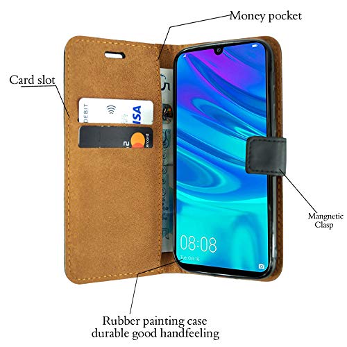 For Huawei P Smart 2019 POT-LX1 - Premium Black Leather Magnetic Book Wallet Protective Phone Case Cover With Veiwing Stand & Card Slots + Screen Protector