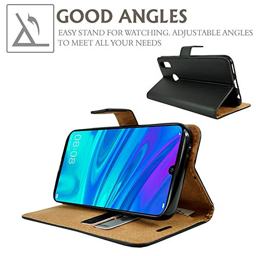 For Huawei P Smart 2019 POT-LX1 - Premium Black Leather Magnetic Book Wallet Protective Phone Case Cover With Veiwing Stand & Card Slots + Screen Protector