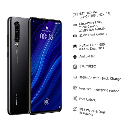 Huawei P30 ELE-L09 4G Smartphone 6GB RAM 128GB Unlocked - Midnight Black A (Renewed)