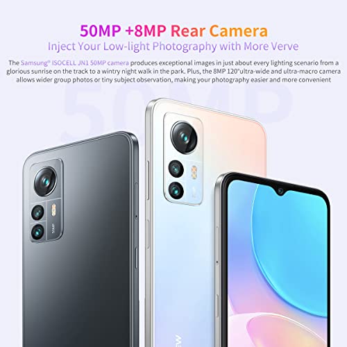 Blackview A85 Mobile Phone Unlocked, 50MP Camera, 8GB+128GB, 6.5" HD+ 90Hz Screen, 18W Fast Charge, Dual SIM Android 12 Smartphone, 3 Card Slot(2 SIM+1 TF Card), Box Speaker, Sky Mirror