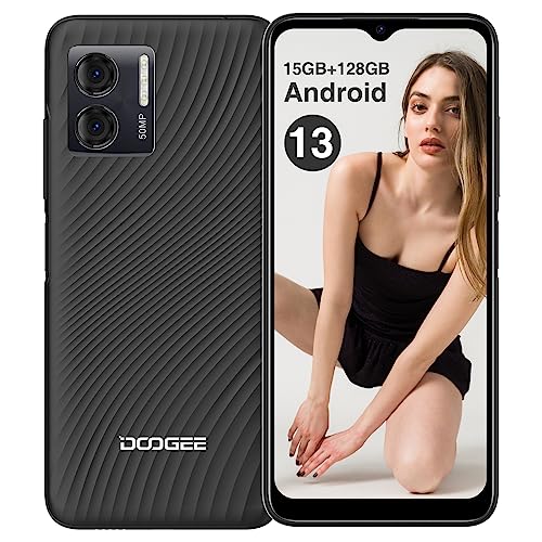 DOOGEE N50 Mobile Phones SIM Free Unlocked, Android 13 Phones, 15GB RAM 128GB ROM, 6.52" HD+ Waterdrop Screen, Smartphone 50MP+8MP, Dual 4G Nano SIM, 4200mAh OTG/GPS Face ID, Side Fingerprint, Black