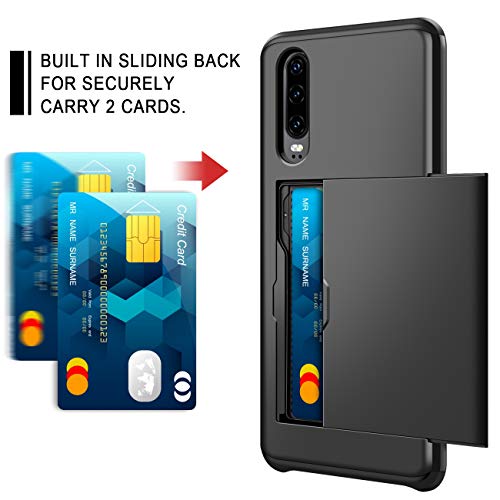 Coolden for Huawei P30 Case Armor Shockproof Case for Huawei P30 Wallet Case Cover Protective Case Heavy Duty Rubber Bumper Card Holder Slot Wallet Case Cover for Huawei P30 Phone Case (Black)