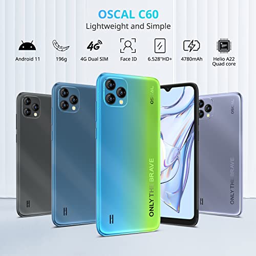 OSCAL Mobile Phones, C60 Android Smartphone, 4GB(up to 7GB) RAM+32GB/TF 1TB, 13MP+5MP Cameras, 4780mAh, 4G Sim Free Unlocked, 6.528 inch HD+ IPS Screen, Dual Nano Sim, Face Unlock - Purple