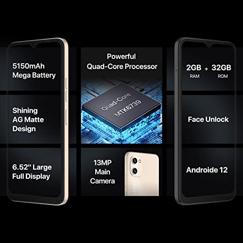 UMIDIGI Mobile Phone (2023) G1,Android 12 Go SIM Free Unlocked Smartphone,5150mAh Battery,6.52”HD+Screen 3+32GB RAM/256GB Extension,13MP Camera 4G Dual SIM/Face ID/GPS OTG/UK Version(Gold)