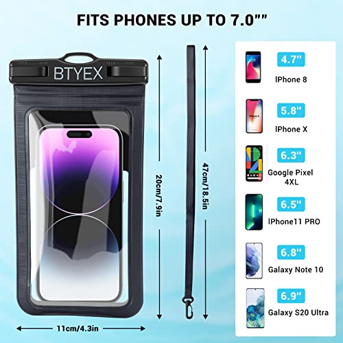 BTYEX Universal Waterproof Phone Pouch Cellphone Dry Bag Case with Lanyard for iPhone 14 13 12 Pro Max Xs Max XR X 8 7 6S Plus SE, Galaxy S22 S21 S20 S10, HUAWEI P50 up to 7.0’’ Black