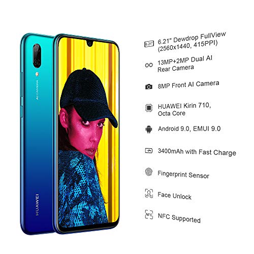 Huawei P Smart 2019 64 GB 6.21-Inch 2K FullView Dewdrop SIM-Free Smartphone with Dual AI Camera, Android 9.0, Single SIM, UK Version, Aurora Blue