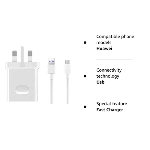 Huawei SuperCharge - Genuine Mains Adapter Charger With 5A Type C USB Cable Compatible with Huawei Type C Mobile Phones (No Retail Packaging)