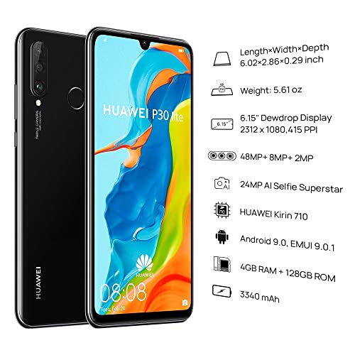 Huawei P30 Lite 128 GB 6.15 inch FHD Dewdrop Display Smartphone with 48MP AI Ultra-wide Triple Camera, 4GB RAM, Android 9.0 Sim-Free Mobile Phone, Dual Sim, UK Version, Black (Renewed)