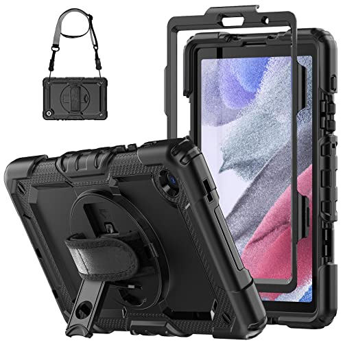SEYMCY for Samsung Galaxy Tab A7 Lite Case 8.7 inch [3-Layer Protection] with Rotating Hand Strap Stand Screen Protector, Samsung A7 Lite Tablet Shockproof Case SM-T220/T225/T227 2021 - Black