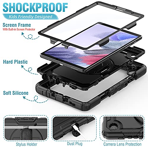 SEYMCY for Samsung Galaxy Tab A7 Lite Case 8.7 inch [3-Layer Protection] with Rotating Hand Strap Stand Screen Protector, Samsung A7 Lite Tablet Shockproof Case SM-T220/T225/T227 2021 - Black
