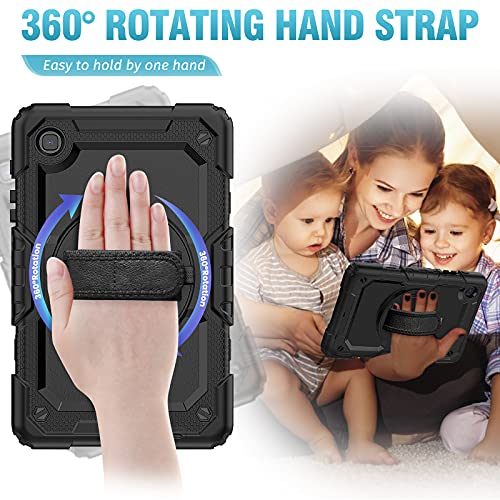SEYMCY for Samsung Galaxy Tab A7 Lite Case 8.7 inch [3-Layer Protection] with Rotating Hand Strap Stand Screen Protector, Samsung A7 Lite Tablet Shockproof Case SM-T220/T225/T227 2021 - Black