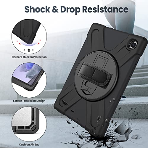 Gerutek Galaxy Tab A7 Lite Case Shockproof,Samsung Galaxy Tab A7 lite Case kids with Screen Protector, Galaxy Tablet 8.7 inch Case with 360 Rotating Hand Strap Stand for SM-T220/T225, Black