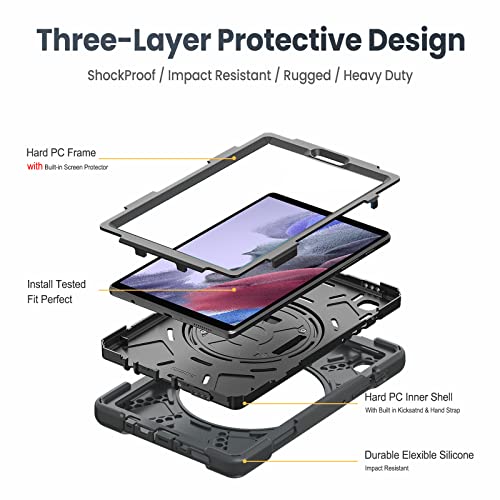Gerutek Galaxy Tab A7 Lite Case Shockproof,Samsung Galaxy Tab A7 lite Case kids with Screen Protector, Galaxy Tablet 8.7 inch Case with 360 Rotating Hand Strap Stand for SM-T220/T225, Black
