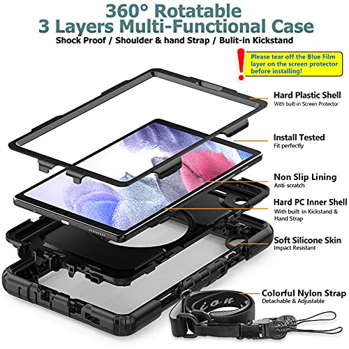 SEYMAC stock for Samsung Galaxy Tab A7 Lite Case 8.7'' with Screen Protector Pencil Holder [360 Rotating Hand Strap] & Stand, Drop-Proof Case for Samsung Galaxy Tab A7 Lite 2021 SM-T220/T225 (Black)