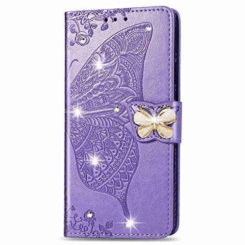 Reevermap iPhone 11 Case Glitter Cystal Flip PU Leather Phone Cover for iPhone 11, Shockproof Wallet Card Slots Butterfly Embossed Gems Bling Shiny Magnetic Clasp Kickstand, Light Purple