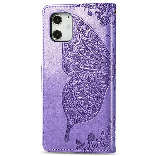 Reevermap iPhone 11 Case Glitter Cystal Flip PU Leather Phone Cover for iPhone 11, Shockproof Wallet Card Slots Butterfly Embossed Gems Bling Shiny Magnetic Clasp Kickstand, Light Purple