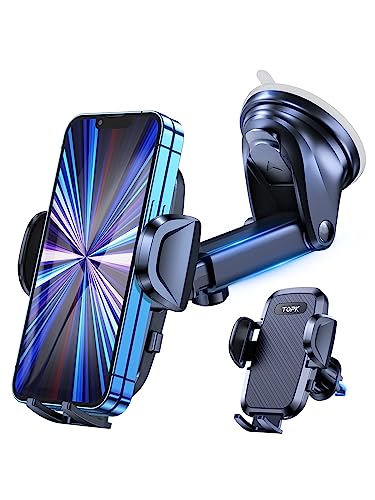 TOPK Car Phone Holder, [2023 Upgraded ] 2-IN-1 Phone Holder for Cars Military-Grade Suction & Hook Phone Mount for Dashboard & Air Vent Compatible with All Mobile Phones