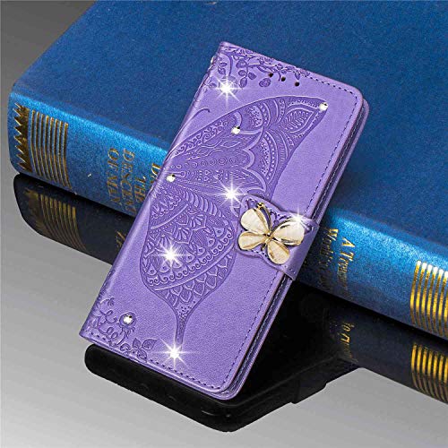 Reevermap iPhone 11 Case Glitter Cystal Flip PU Leather Phone Cover for iPhone 11, Shockproof Wallet Card Slots Butterfly Embossed Gems Bling Shiny Magnetic Clasp Kickstand, Light Purple