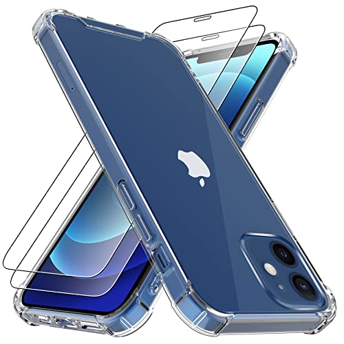 4youquality Case for iPhone 12 and iPhone 12 Pro with [2-Pack Tempered Glass Screen Protector], 6.1-Inch, Airbag Drop Protection, Shockproof Transparent Clear Bumper Phone Cover, Anti-Scratch