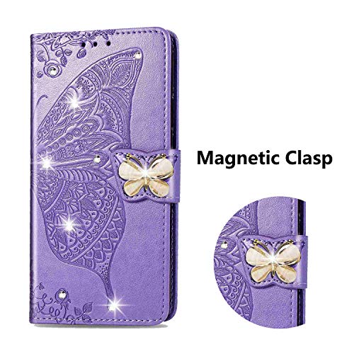 Reevermap iPhone 11 Case Glitter Cystal Flip PU Leather Phone Cover for iPhone 11, Shockproof Wallet Card Slots Butterfly Embossed Gems Bling Shiny Magnetic Clasp Kickstand, Light Purple