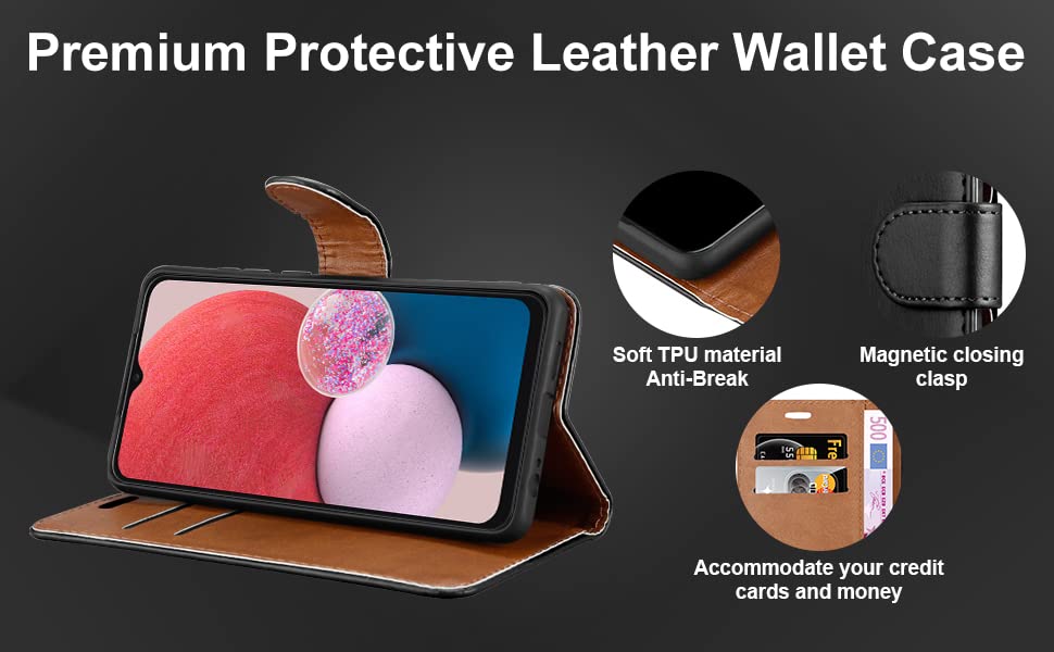 iCatchy for Samsung Galaxy A13 4G Case Leather Wallet Book Flip Folio Stand View Cover Pouch for Samsung Galaxy A13 4G (Black)