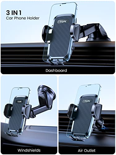 TOPK Car Phone Holder, [2023 Upgraded ] 2-IN-1 Phone Holder for Cars Military-Grade Suction & Hook Phone Mount for Dashboard & Air Vent Compatible with All Mobile Phones