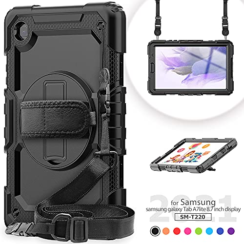 For Samsung Galaxy Tab A7 Lite Case, (SM-T227, SM-T225, SM-T220) Heavy Duty Hybrid Shockproof Carrying Shoulder Strap Cover compatible for Samsung Galaxy Tab A7 Lite 8.7 inch Case (Black)