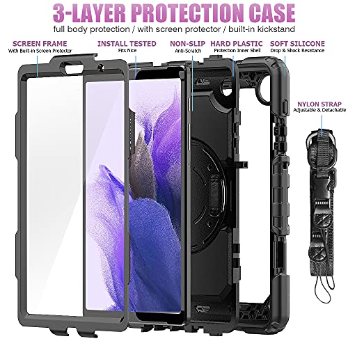 For Samsung Galaxy Tab A7 Lite Case, (SM-T227, SM-T225, SM-T220) Heavy Duty Hybrid Shockproof Carrying Shoulder Strap Cover compatible for Samsung Galaxy Tab A7 Lite 8.7 inch Case (Black)