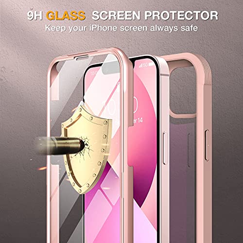 Miracase Compatible with iPhone 13 Case 6.1inch, [Built-in Glass Screen Protector] Full Body Rubber Bumper Clear Back Case Cover (Sand Pink)
