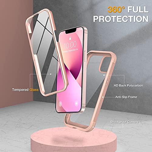 Miracase Compatible with iPhone 13 Case 6.1inch, [Built-in Glass Screen Protector] Full Body Rubber Bumper Clear Back Case Cover (Sand Pink)