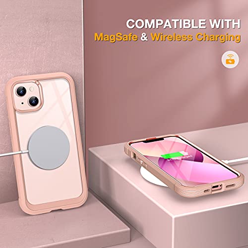 Miracase Compatible with iPhone 13 Case 6.1inch, [Built-in Glass Screen Protector] Full Body Rubber Bumper Clear Back Case Cover (Sand Pink)
