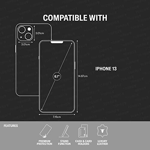 TORRO Phone Case Compatible With iPhone 13 - Quality, Genuine Leather Cover With Card Slots and Horizontal Viewing Stand (Black)