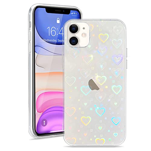 L-FADNUT for iPhone 11 Cases Crystal Clear Cute Holographic Heart Pattern for Women Girls Transparent Fashion Glitter Silicone Bumper Shockproof Protective Phone Case for iPhone 11