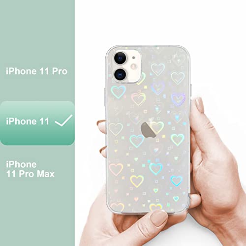 L-FADNUT for iPhone 11 Cases Crystal Clear Cute Holographic Heart Pattern for Women Girls Transparent Fashion Glitter Silicone Bumper Shockproof Protective Phone Case for iPhone 11