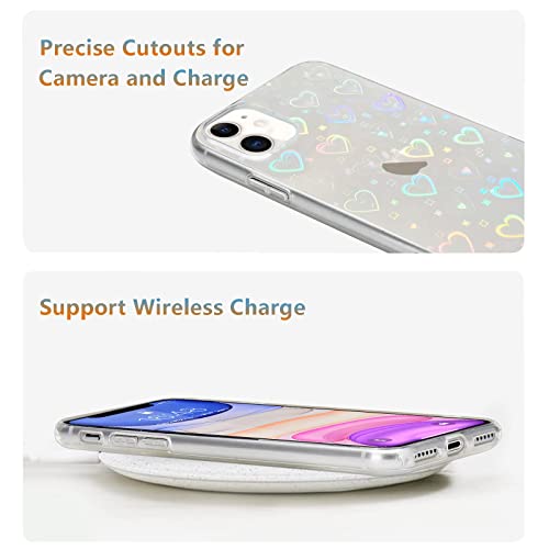 L-FADNUT for iPhone 11 Cases Crystal Clear Cute Holographic Heart Pattern for Women Girls Transparent Fashion Glitter Silicone Bumper Shockproof Protective Phone Case for iPhone 11