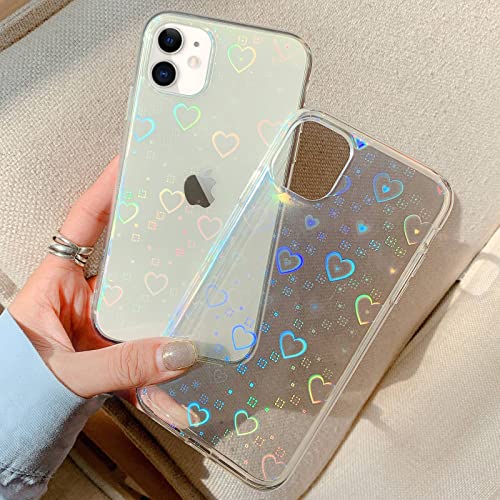 L-FADNUT for iPhone 11 Cases Crystal Clear Cute Holographic Heart Pattern for Women Girls Transparent Fashion Glitter Silicone Bumper Shockproof Protective Phone Case for iPhone 11