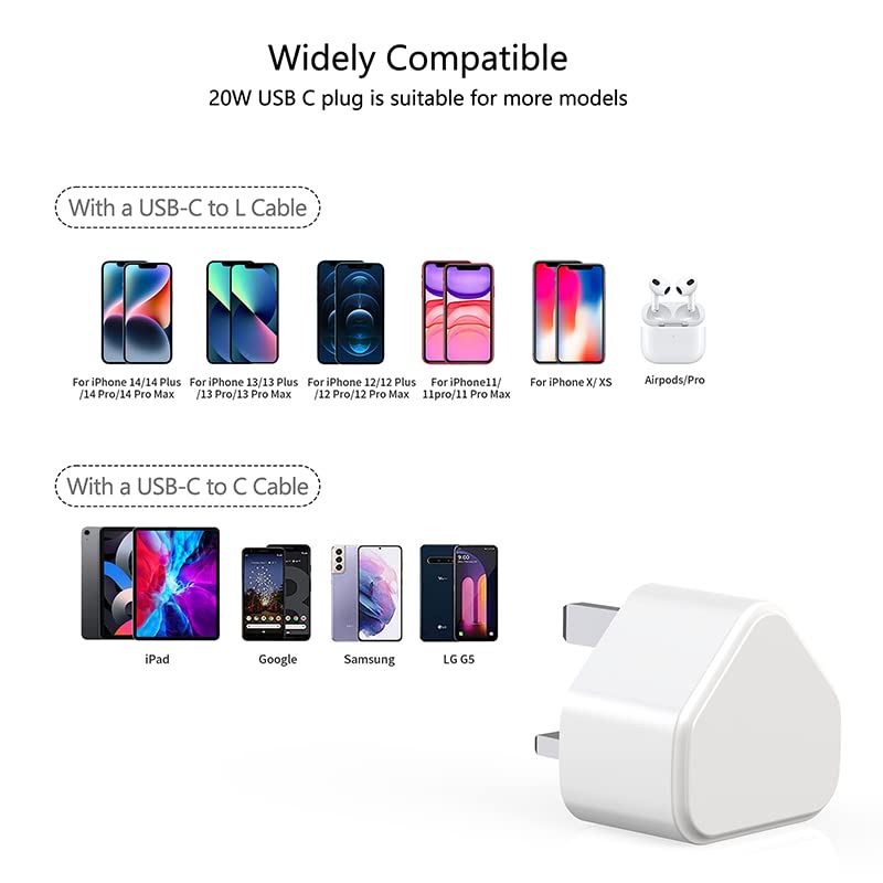 USB C Plug for iPhone 14/14 pro/14 Max/14 Pro Max, 13/13 Mini/13 Pro/13 Pro Max, 12 11, SE 2020, iPad Pro/Air/Mini, AirPods Pro, 20W USBC Adapter Fast Type C Charger UK