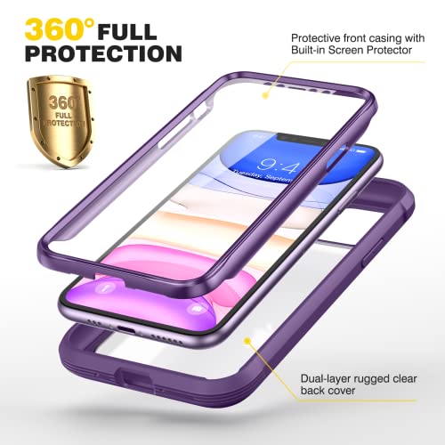 Diaclara iPhone 11 Case, 360° Full Body with Built-in Screen Protector Touch Sensitive, Shockproof Soft TPU Bumper Phone Case Clear Designed for iPhone 11 6.1" - Purple