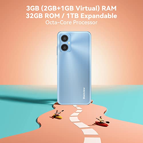 Blackview Mobile Phones, A52 Android 12 Phone, 3GB+32GB/TF 1TB, Octa-Core, 13MP+5MP Cameras, 5180mAh, 4G Smart Phones Sim Free Unlocked, 6.517 inch HD+ IPS Screen, Face & Fingerprint Unlock - Blue
