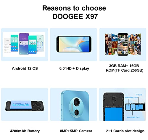 DOOGEE X97 Mobile Phones SIM Free Unlocked, Android 12 Phone, 4G Dual SIM Cheap Smartphone, 16GB, 256GB Extension, 3-Card Slots, 4200mAh, 6.0 inch Screen, 8MP+5MP, OTG/GPS, Face ID, UK Version - Blue