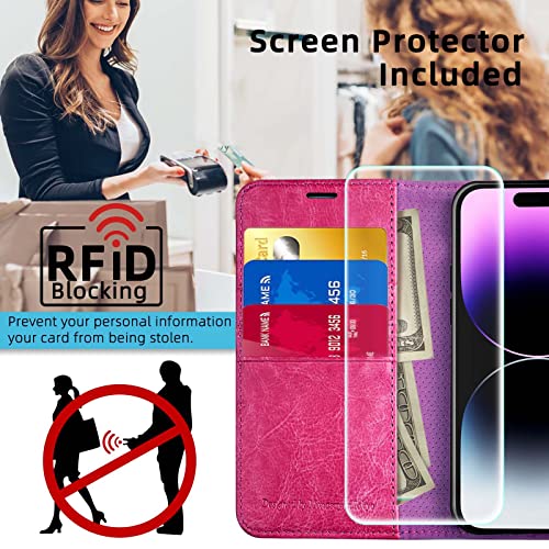 MONASAY Wallet Case for Apple iPhone 14 Pro Max 5G,6.7-inch,[Glass Screen Protector Included] [RFID Blocking] Flip Folio Leather Cell Phone Cover with Credit Card Holder,Hot Pink