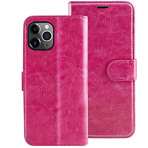 MONASAY Wallet Case for Apple iPhone 14 Pro Max 5G,6.7-inch,[Glass Screen Protector Included] [RFID Blocking] Flip Folio Leather Cell Phone Cover with Credit Card Holder,Hot Pink