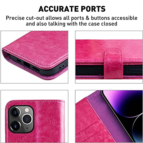 MONASAY Wallet Case for Apple iPhone 14 Pro Max 5G,6.7-inch,[Glass Screen Protector Included] [RFID Blocking] Flip Folio Leather Cell Phone Cover with Credit Card Holder,Hot Pink