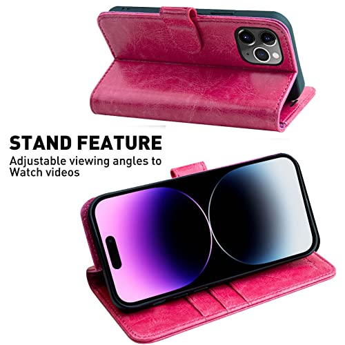 MONASAY Wallet Case for Apple iPhone 14 Pro Max 5G,6.7-inch,[Glass Screen Protector Included] [RFID Blocking] Flip Folio Leather Cell Phone Cover with Credit Card Holder,Hot Pink
